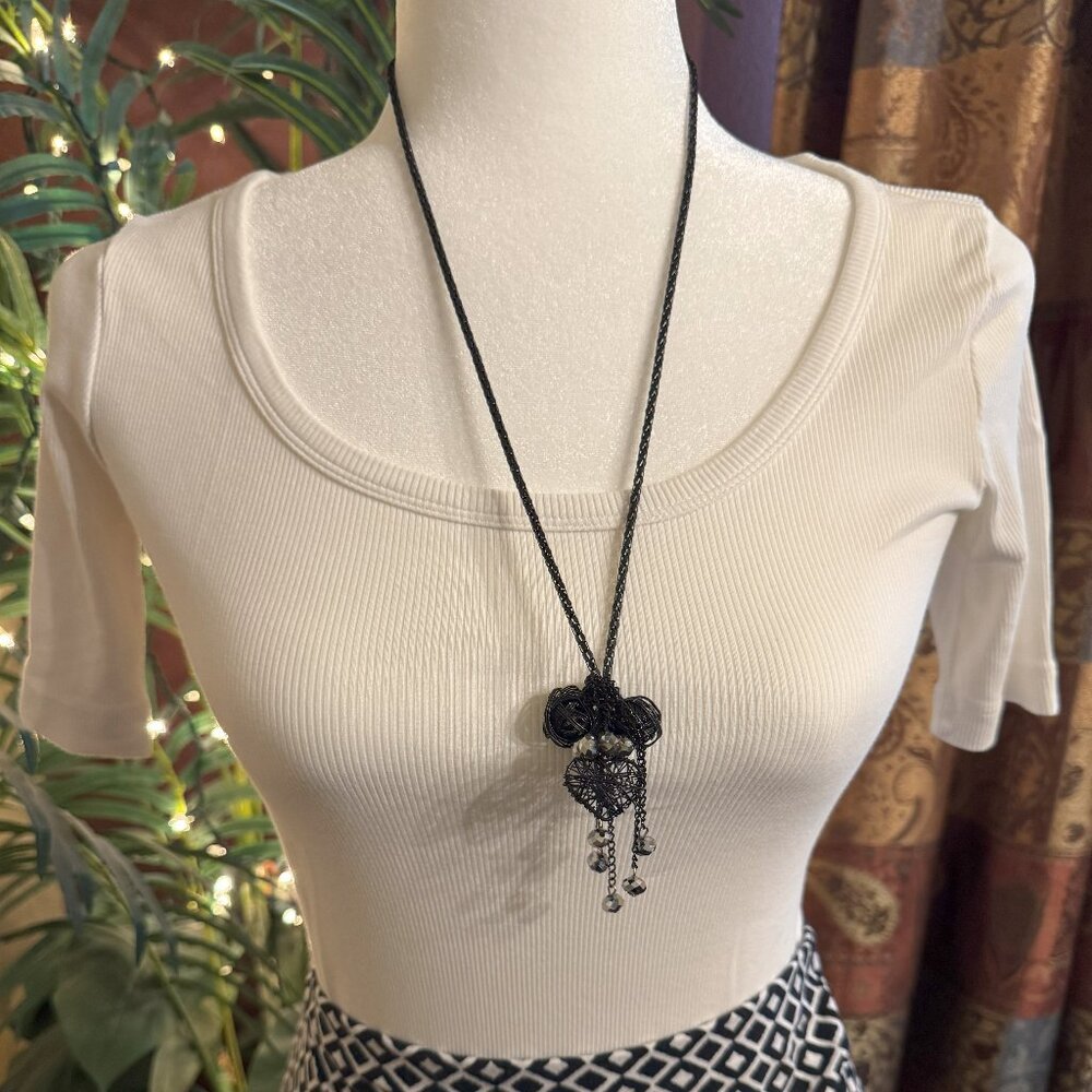 Long Chained Necklace with a Heart and Two Balls Pendant with Crystal Drop